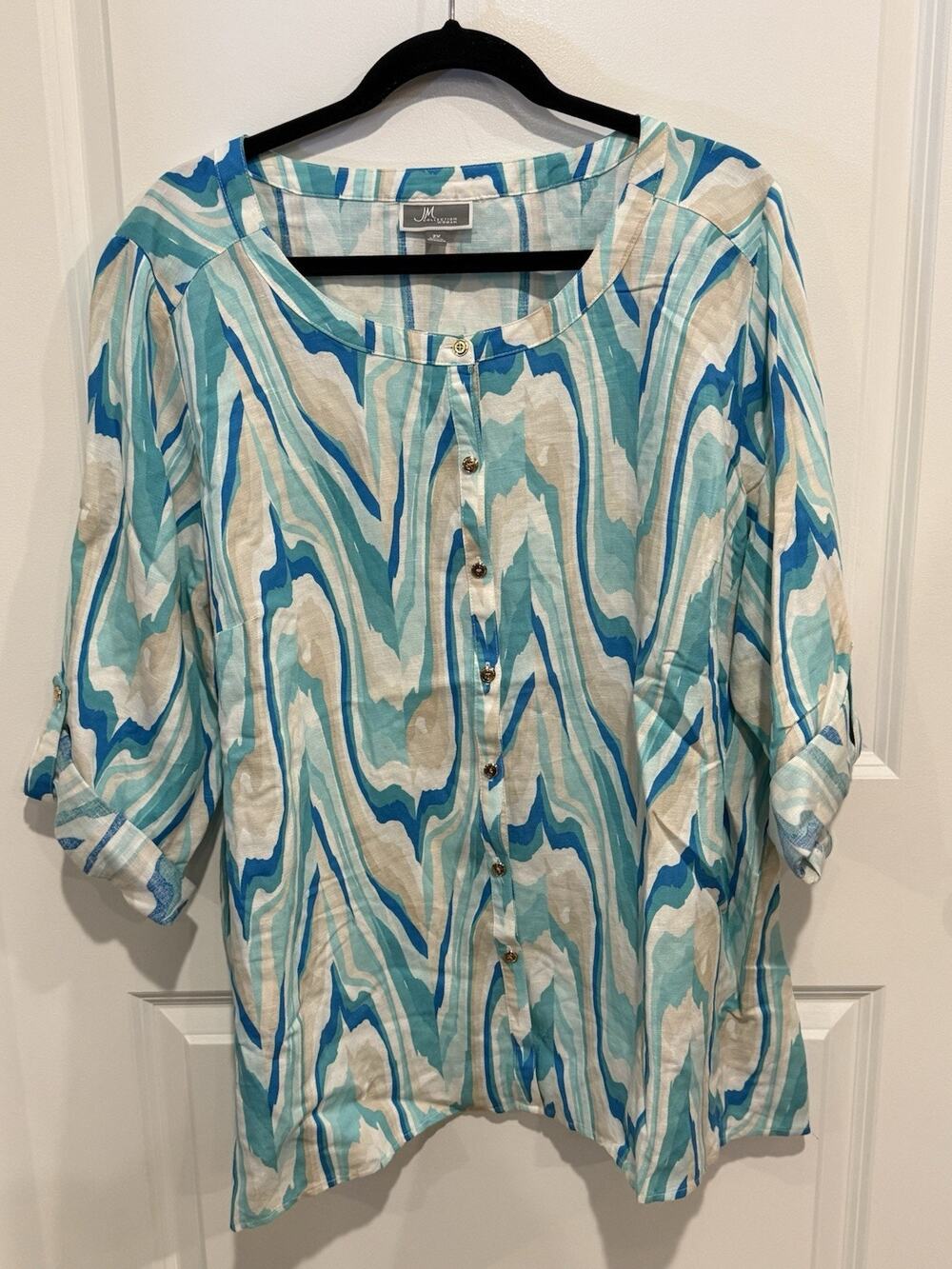 JM COLLECTION Women's Linen Blend Blouse Roll Tab Sleeve Sz 2X Blue Aqua